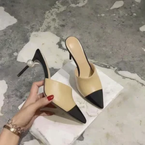 Luxury Genuine Leather Women’s Dress Sandals Pearl Heel High Quality Pointed Toe Shoes Summer Collection