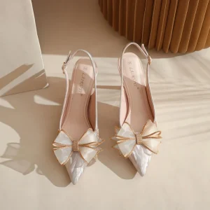 Luxury Pointed toe Stiletto Heels Womens Bow tie Backless Peep toe Spring Solid Elegant Pumps