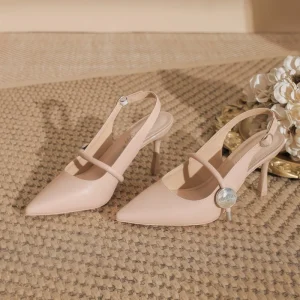 Luxury Pointed toe Stiletto Heels Womens Nude colored Peep toe Slingbacks Metal Buckle Solid Versatile Low cut Elegant