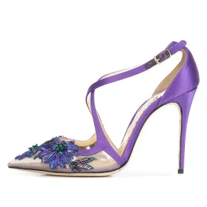 Luxury Purple Satin High Heels Women’s Pointed Toe Embellished Flower Stiletto Party Wedding Dress Shoes