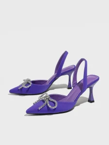 Luxury Purple Satin Rhinestone Bow Slingback Pumps Pointed Toe Thin High Heel Women Formal Wedding Party Shoes