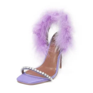 Luxury Quality Women’s Genuine Leather High Heels Sandals Purple Feather Fur Crystals Open Custom Ladies Shoes Summer