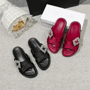 Luxury Rhinestone Square Buckle Light Weight Open Strappy Sandals for Women French Style Casual Thick Soled Beach Sandals