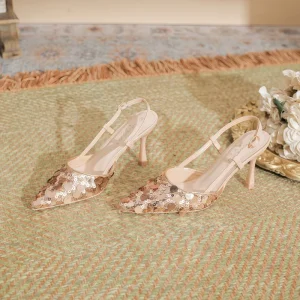 Luxury Sequined Pointed toe High Heels Womens Stiletto heel Peep toe Slingback Shoes Summer Wedding Formal Pumps