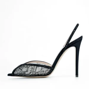 Luxury Shoes Women High Heels Pointy Peep Toe Lace Mesh Stiletto Sharp Heel Slingbacks With Crystals