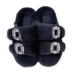 Luxury Slippers Women With Fur House Slides Indoor Slippers Real Mink Diamond Buckle Adult Plush Sandal