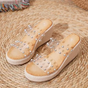 Luxury Studded Women’s Wedge Sandals Clear Strap High Heel Platform Slippers Comfortable Transparent Beach Shoes for Ladies