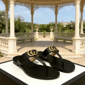 Luxury Style Women’s Thong Sandals Genuine Leather Flat Slide Sandals with Double Metal Buckle Casual Beach Dress Flip Flops