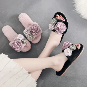 Luxury Women House Plush Slippers Warm Faux Fur Ladies Soft Sole Warm Flat Fashion Fur Flower Slippers