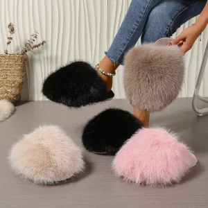 Luxury Women’s Faux Fur Slippers Big Faux fox Fur Design Warm Flat Home Slipper for Winter Outdoor Indoor Use