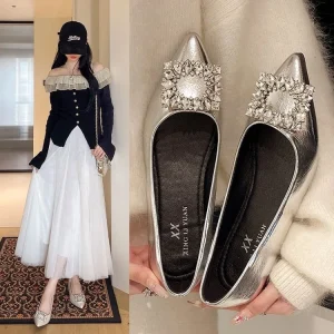 Luxury Women’s Pointed Toe Flat Pumps Sparkling Crystal Square Buckle Elegant Bridal Wedding Evening Shoes