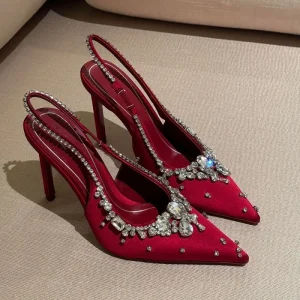 Luxury Women’s Red Satin High Heels Sparkling Rhinestone Pointed Toe Slingback Stiletto Pumps