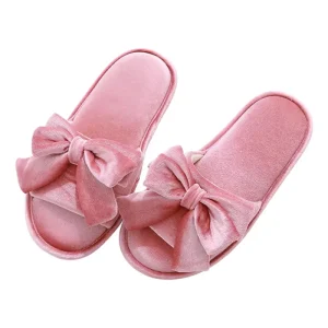 Luxury Women’s Winter Velvet Open Toe Bow Knot Slippers Comfy Plush Indoor Bedroom Slippers