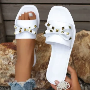 MC MC055 Women’s Outdoor White Non Slip Comfort Flats with Bow Rivet