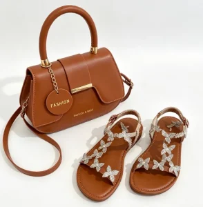 MD 186 Summer Sweet Ladies Butterfly Rhinestone Sandals with Bow Ties Bags 2 Pieces Set Women’s Flat Sandals Purse Set