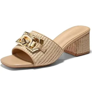 Manufacture Price Fashion Gold Metal Fastener Raffia Woven Retro Square Toe Thick Heel Women’s Sandals Heeled Sandals