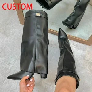 Manufacturer Custom Big Size 46 Chunky Heels Overlay Shoes Suede Pants Boots Women’s Folded Over Metal Decor Knee High Booties