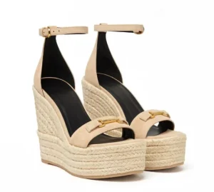 Manufacturer Custom Comfortable Chunky Platform Wedge Heel Sandals Adjustable Ankle Strap Gold Accent Casual Sandals