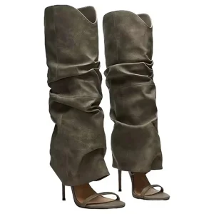 Manufacturer Custom Customized Logo Green Elegant Women’s Round Toe Stiletto Heels Knee High Boots Shoes