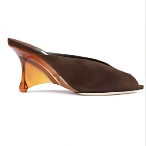 Manufacturer Custom Fashion Casual Wear Brown Suede Peep Toe Slip On Mules with Artistic Amber Heel Sandals