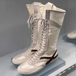Manufacturer Custom Fashion Flat Bottom Lace-up Women’s Boxing Styles Shoes Long Boots Ladies Casual Walking Shoes