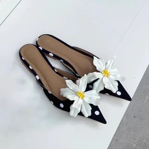 Manufacturer Custom Girls Polka Dots French Flowers Pointed Toe Half Mules Low Heel Women’s Shoes Flat Shoes