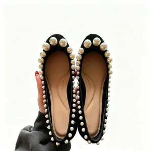 Manufacturer Custom Ladies French Retro Pearls Round Toe Ballet Slip-On Casual Mary Jane Women’s Shoes Flat Shoes