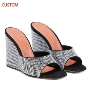 Manufacturer Custom Ladies Luxury Comfortable Summer Chic Casual Rhinestone Women High Wedge Heels Mules Sandals