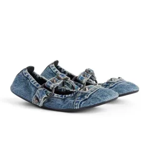 Manufacturer Custom Ladies Retro Style Studded Round Toe Denim Ballet Shoes Comfortable Mary Jane Women’s Shoes Flat Shoes