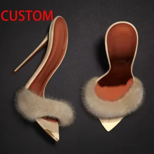 Manufacturer Custom Luxury Fluffy Fur Mules Feather Heel for Women Sexy Stiletto High Heels Slip on Slide Sandals