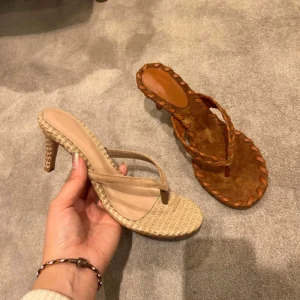 Manufacturer Custom Luxury Ladies French Retro Braided Stiletto Flip Flops Sandals Round Toe Slide Heeled Sandals for Women