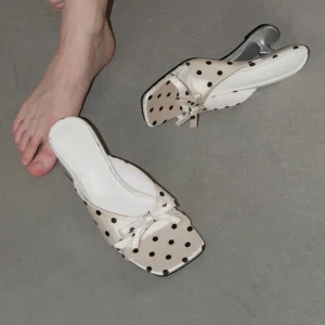 Manufacturer Custom Luxury Ladies French Retro Heart Wedge Sandals Square Toe Slide Bow Polka Dot Women’s Heels Sandals