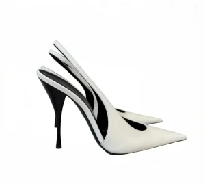 Manufacturer Custom Modern Wedding Party Evening Elegant White Slingback High Heels with Unique Cut Out and Black Detail Sandals
