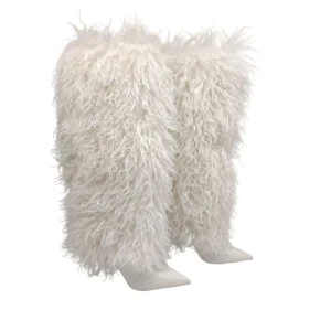 Manufacturer Custom Winter Knee High Puffy Boots Women’s Fluffy Shoes Girls Faux Mongolian Fur Real Ostrich Fur Suede Boots