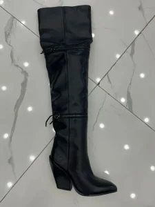 Manufacturer Custom Women Genuine Leather Pointed Toe Block Heels Zipper Decor Over Knee High Boots
