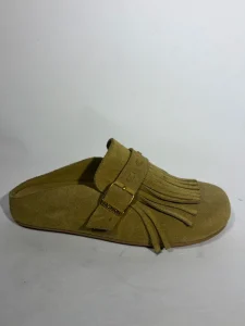 Manufacturer Custom Women’s Vintage Pu Fringe Mules Flat Slip-On Open Back Slides with Adjustable Buckle