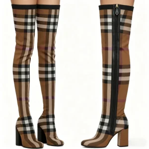 Manufacturer Women’s Knit Plaid Check Zip Back Chunky Heeled Over the Knee Thigh High Stretch Boots in Brown