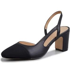 Manufacturer Women’s Splicing Ankle Strap Pointed Toe Square Block Heels Ladies Slingback Heeled Dress Pumps Shoes