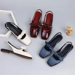 Mary Jane Flat Shoes Women’s Spring Summer Solid Square-Toe Bowtie Shallow-Mouthed Loafer PU Upper Beef Tendon Outsole