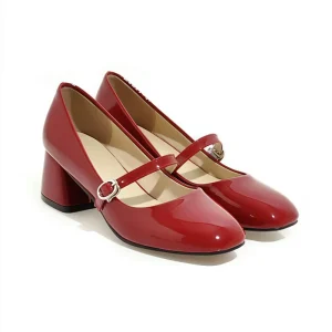 Mary Janes Women’s Chunky Heel Wedding Shoes Low Cut Red Shoes Mid Heel Retro Square Toe Leather Straps