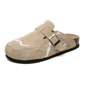 Men Suede Leather Mules With Cork Foot Bed and Adjustable Buckle Strap Unique Stitching Design Comfortable Slip On Shoes