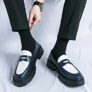 Men’s Stylish Black Genuine Leather High Top Loafers White Accents Comfortable Slip-On Casual Shoes Everyday Commuting Outdoor
