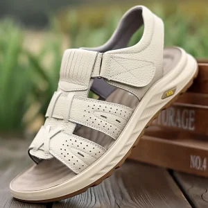 Men’s Summer New Sandals Full Grain Leather Beach Shoes Thick Sole Slip On Flip Flops Magic Tape White Leather Sandals