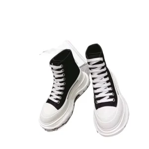Men’s Women’s High Top Lace up Skate Sneakers Core Black Flat Casual Summer Winter Trendy Canvas Shoes