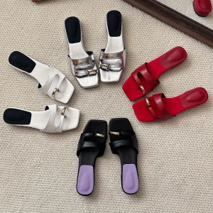 Metal Buckle Low Heel Sandals with Soft Sole Anti slip and Versatile Clip Toe Slippers Women’s Shoes Women’s Sandals