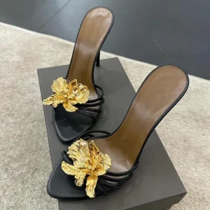 Metal Flower Cool Slippers Women’s Thin Strap Open Toe Empty Stiletto Sandals