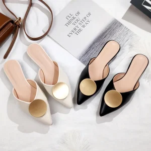 Metal Round Buckle Pointed Toe Women’s Mule Slides
