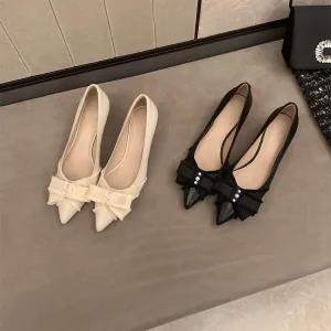 Microfiber Solid New All Match Women’s French Style Pointed Bow Pearl Stiletto Pumps Wedding Evening Shoes