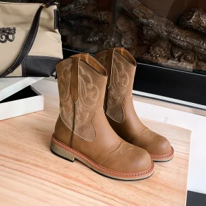 Microfiber Upper Korean Style Mid-Calf Boots Women’s Brown Embroidered Lightweight Chunky Heel Back Zipper All Seasons