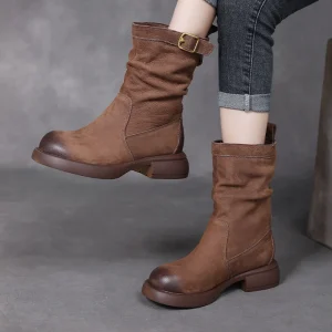 Mid Calf Flat Leather Women’s Boots Knight Winter Boots Fashion Retro